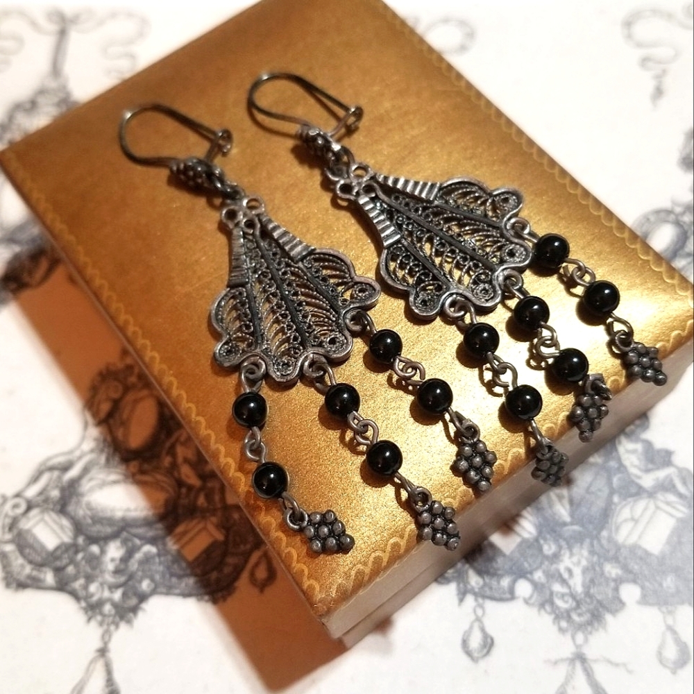 Victorian Era Mourning Etruscan Cannetille Sterling Dangle Earrings